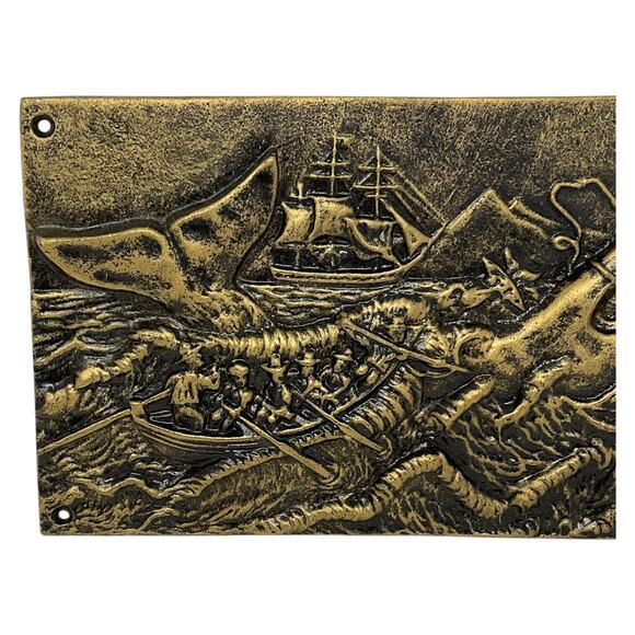 Brass-Finish Moby Dick Whale Hunt Wall Plaque Nautical Embossed MN105 - Picture 2 of 8